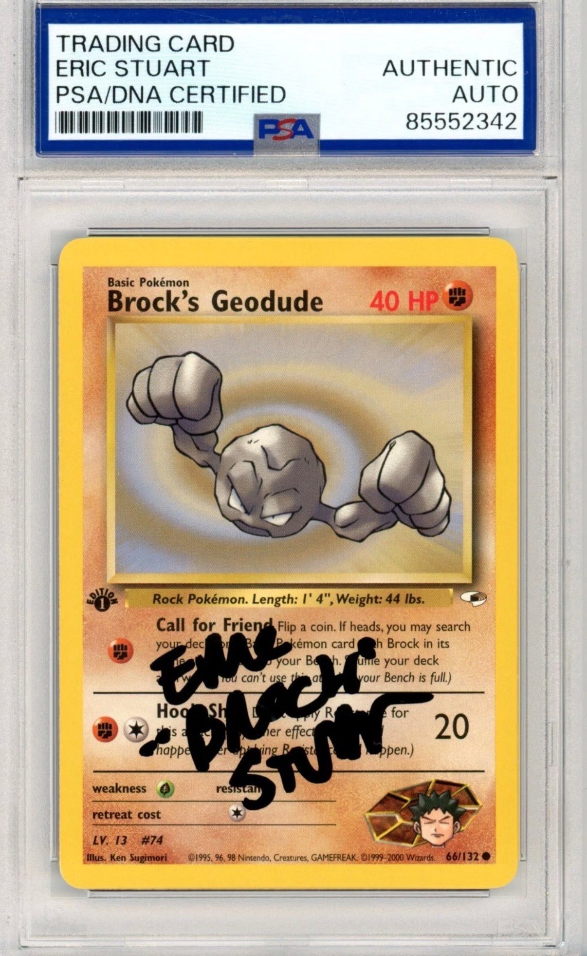 Signed PSA Eric Stuart Pokemon TCG Brocks Geodude 066/132 Gym Heroes 1st Edition