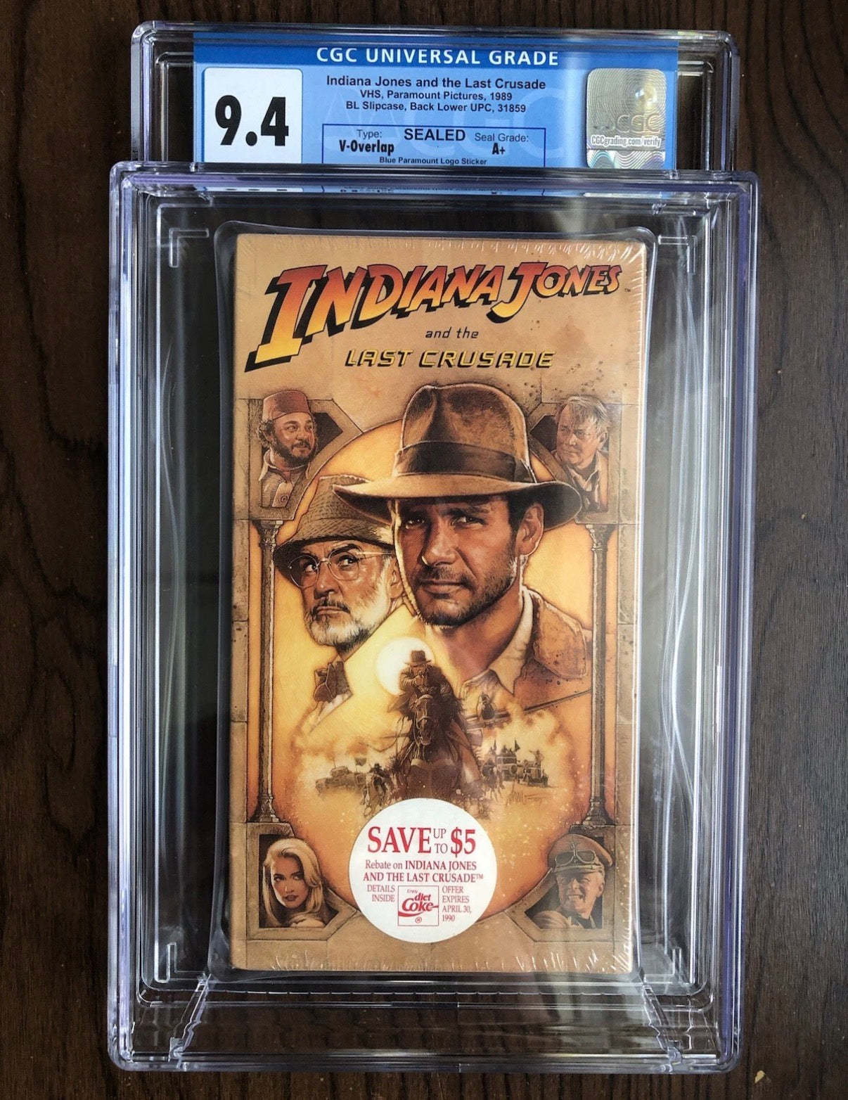 Indiana Jones and the Last Crusade (1989) CGC 9.4 A+ Sealed VHS | Rare Diet Coke Sticker
