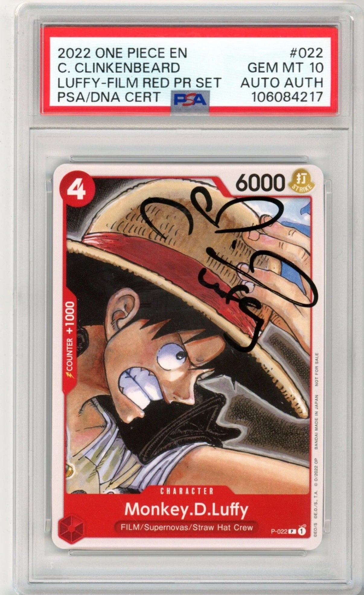 One Piece Monkey D. Luffy PSA 10 Signed Auto 2022 Colleen Clinkenbeard