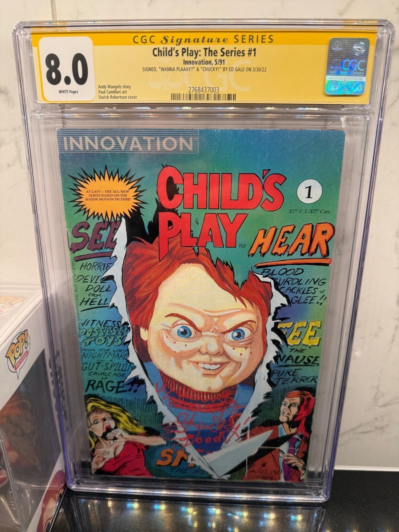 Child’s Play #1 – CGC 8.0 – Signed & Quoted by Ed Gale – Includes Chucky Funko Pop – Horror Collectible