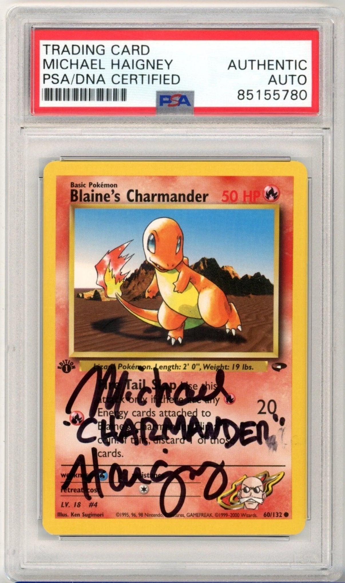 PSA Signed Micheal Haigney Pokemon TCG Blaines Charmander 60/132 1st Edition